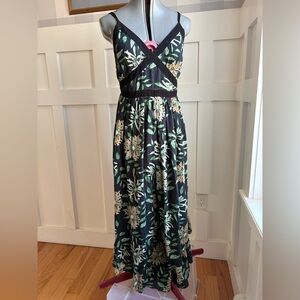 Urban Outfitters Black Floral Jumpsuit Wide Leg Leaves and Cream Blooms Large